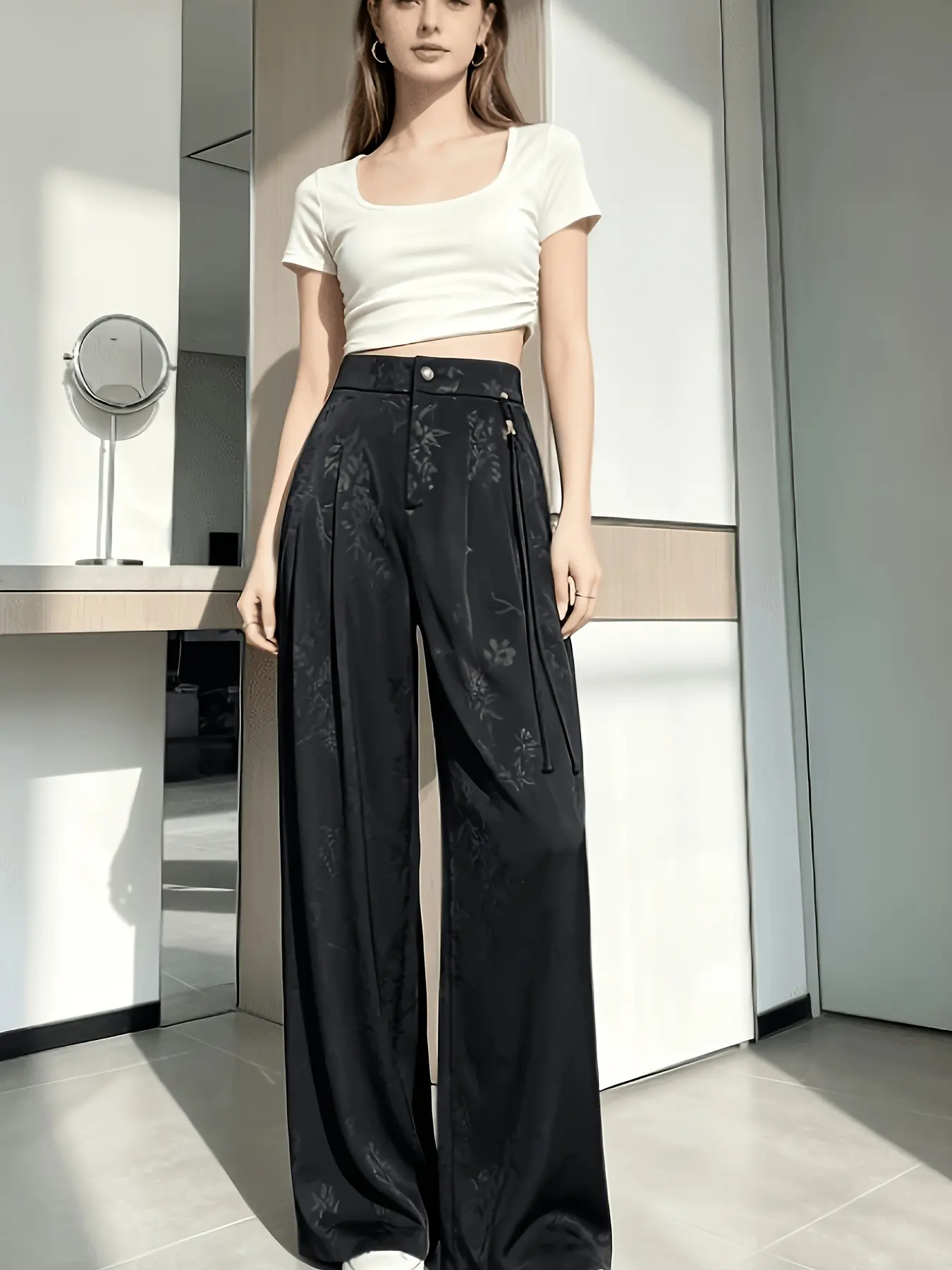 New Elegant Chic Satin Jacquard Wide Leg Pants, Bamboo Leaf Print, Metal Button High Waist, Conceals Fat, Commuter Long Pants, Bottoms