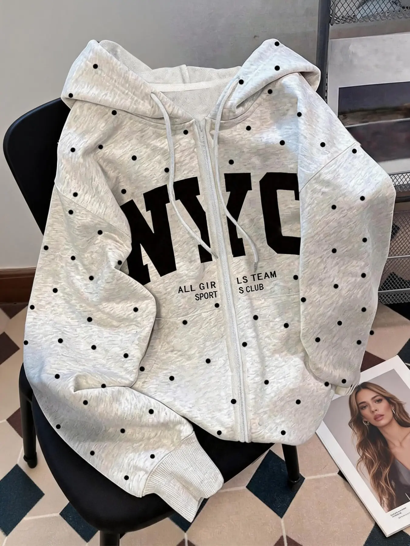 Women's Polka Dot Hooded Long Sleeve Zip Up Jacket, Fall Winter Casual Campus Style Letter Print Open Front Sweatshirt Outerwear