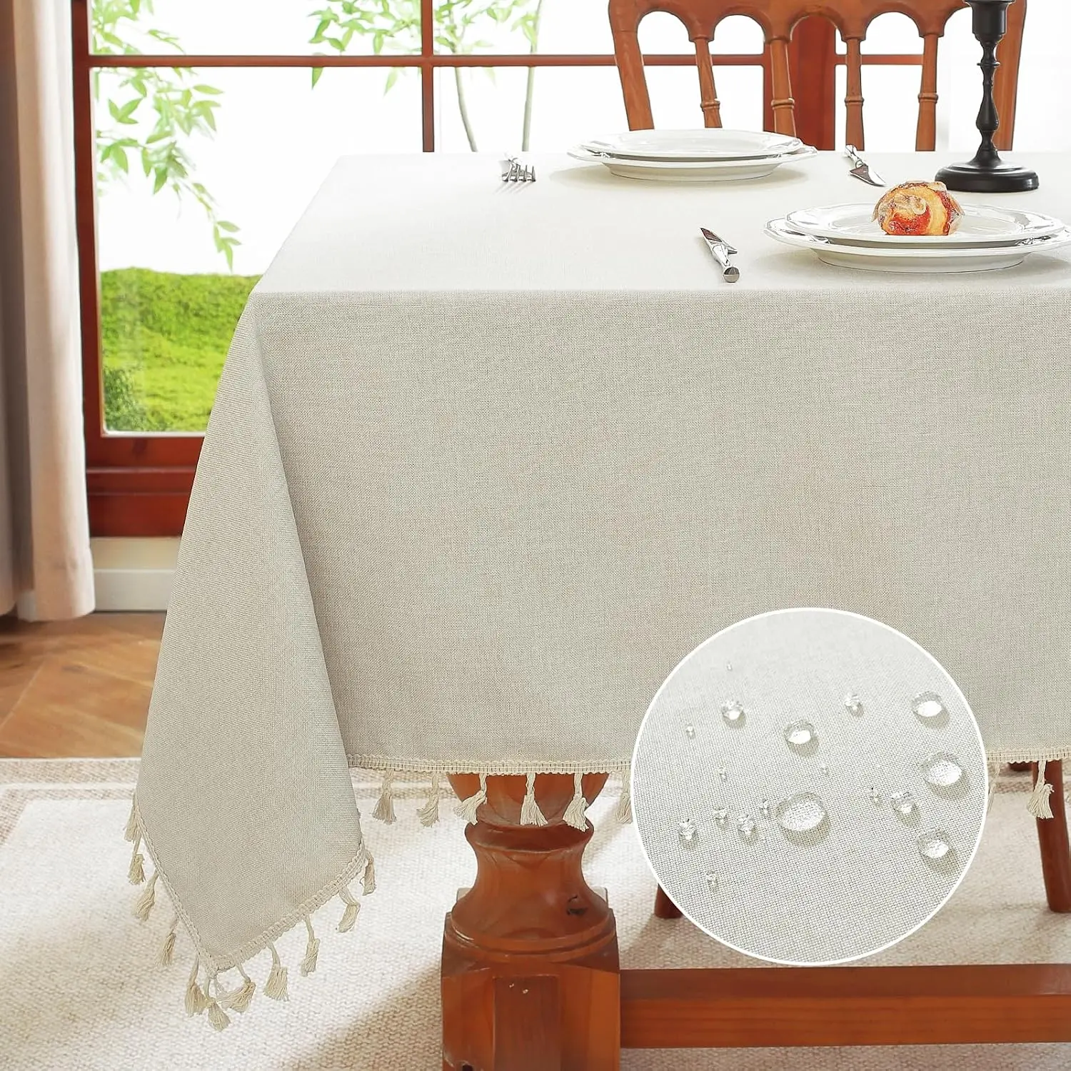 meioro Rectangle Tablecloth, Water Resistant Tassel Table Cloth Wipe Clean Table Cover, Polyester Waterproof Large Tablecloths for Kitchen Dinning Decoration (Ivory, 36''x36'')