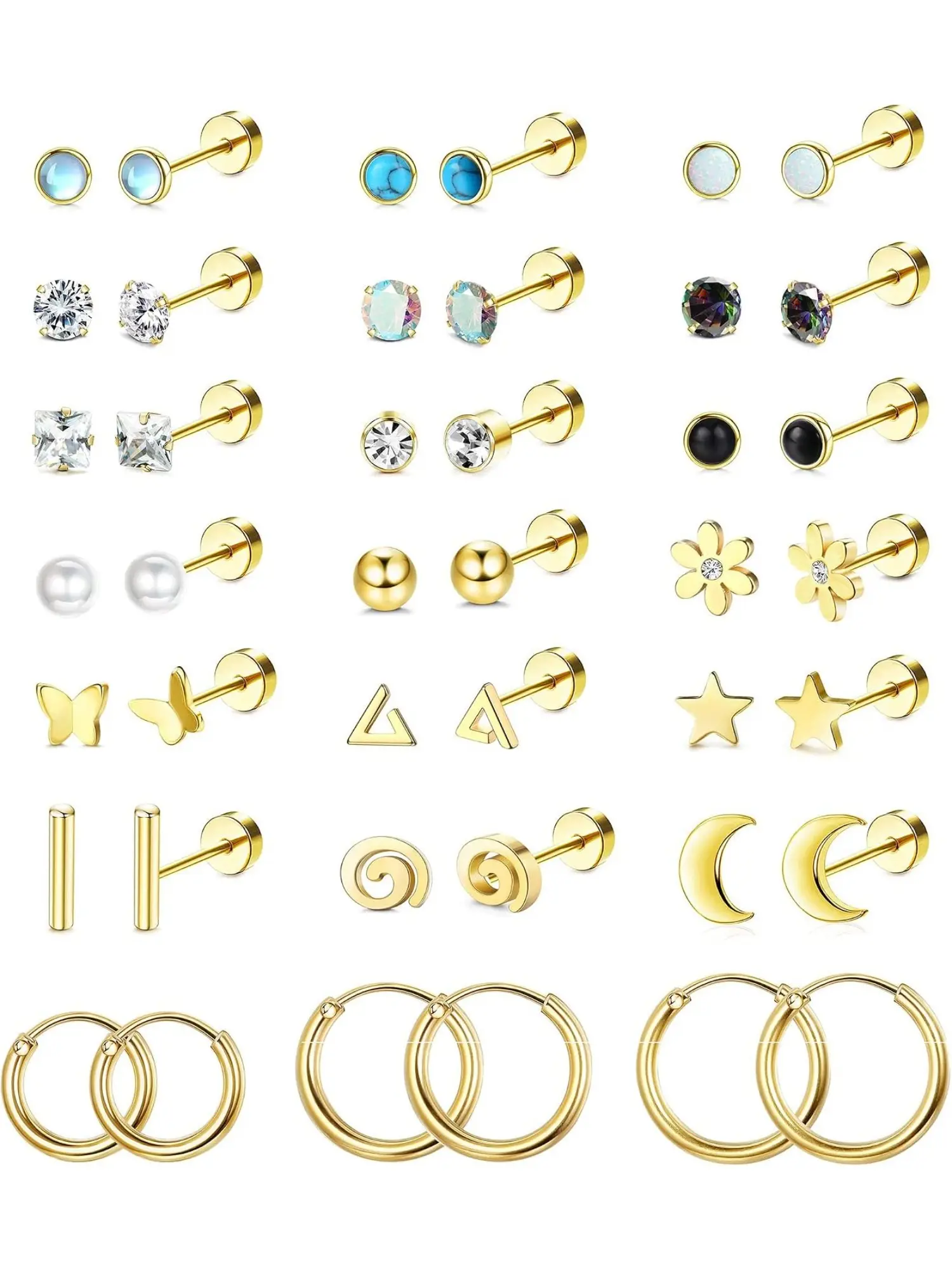 21 Pairs Flat Back Earrings Surgical Stainless Steel silver Stud Hoop Earrings Set for Women Hypoallergenic Cartilage Helix CZ Opal Star Moon 20G Small Stud Earring Piercing Jewellery