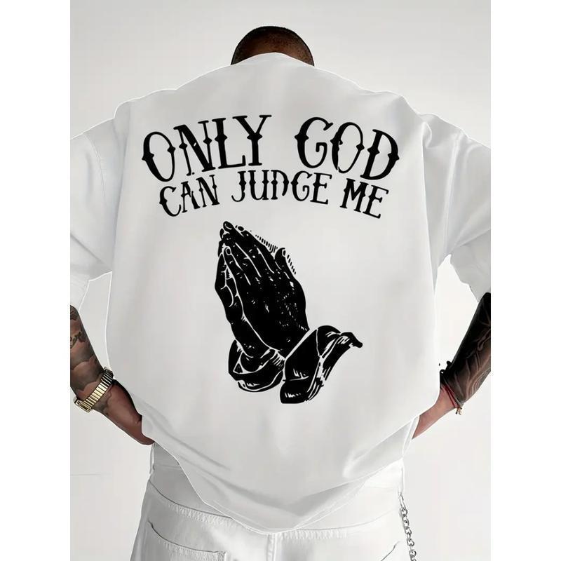 Men'S "Only God Can Judge Me" Graphic T-Shirt - Casual Crew Neck,Loose Fit, Short Sleeve Top, Polyester, Beige with Praying Hands Design,Cotton Fabric classic  rock  tee moon  rocks macco