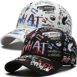 All Over Graffiti Cap Adjustable Street Fashion - Elegant Black White Colorful Phrase Embroidered Hat with Unique Scribbles, Soft Breathable Versatile Look for Vacation Travel Photoshoot & Trendy City Beach Days
