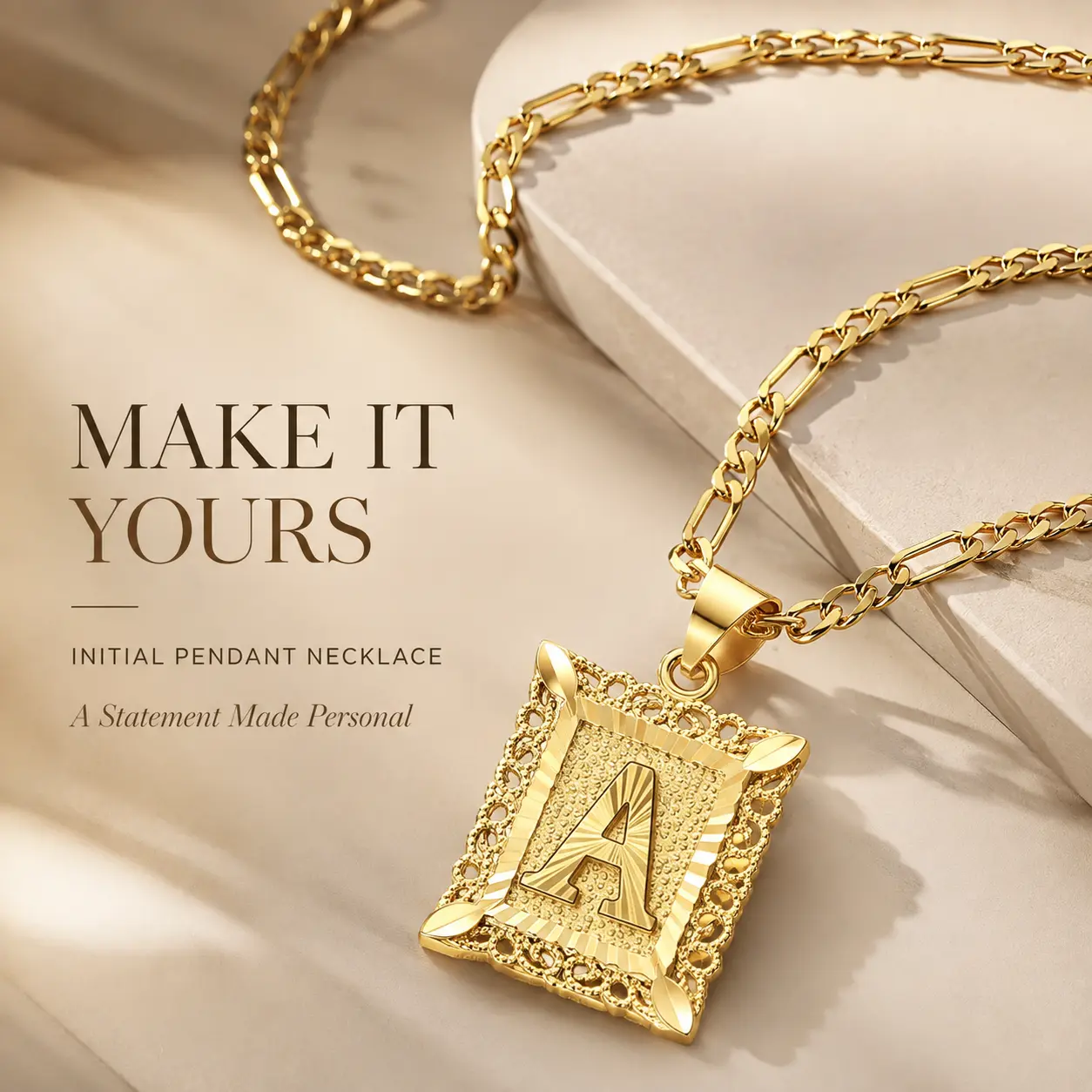 18K Gold Plated Square A-Z Initial Pendant Necklace For Women Men Personalized Square Capital Monogram Letter Pendant Classic Figaro Chain Necklace Jewelry Festivals, Birthdays, and Special Occasions Holiday Gift