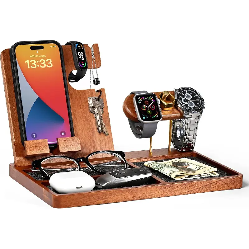 Thick Sturdy Wood Rustic Nightstand Organizer - Thoughtfully Designed EDC Tray for Keys, Wallet, Watch, Desk & Bedside Use, Christmas, Graduations, Retirements Gift for Dad (With Gift Box)