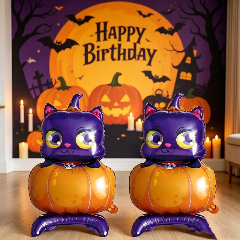 1/2/3pcs 31 Inch Standing Pumpkin Cat Balloons, Halloween Home Decor, Prank Props, Indoor Theme Decoration, Choking Hazard Warning