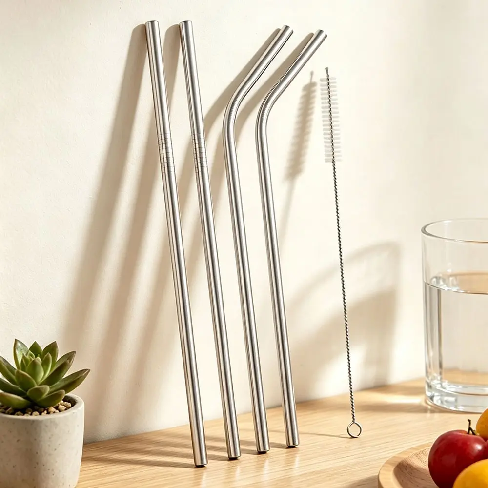 Reusable Drinking Straws Set, 4Pcs Metal Stainless Steel Straws with 1Pc Cleaning Brush, Ideal for Glassware and Beverages, Eco-Friendly Drinkware Accessories