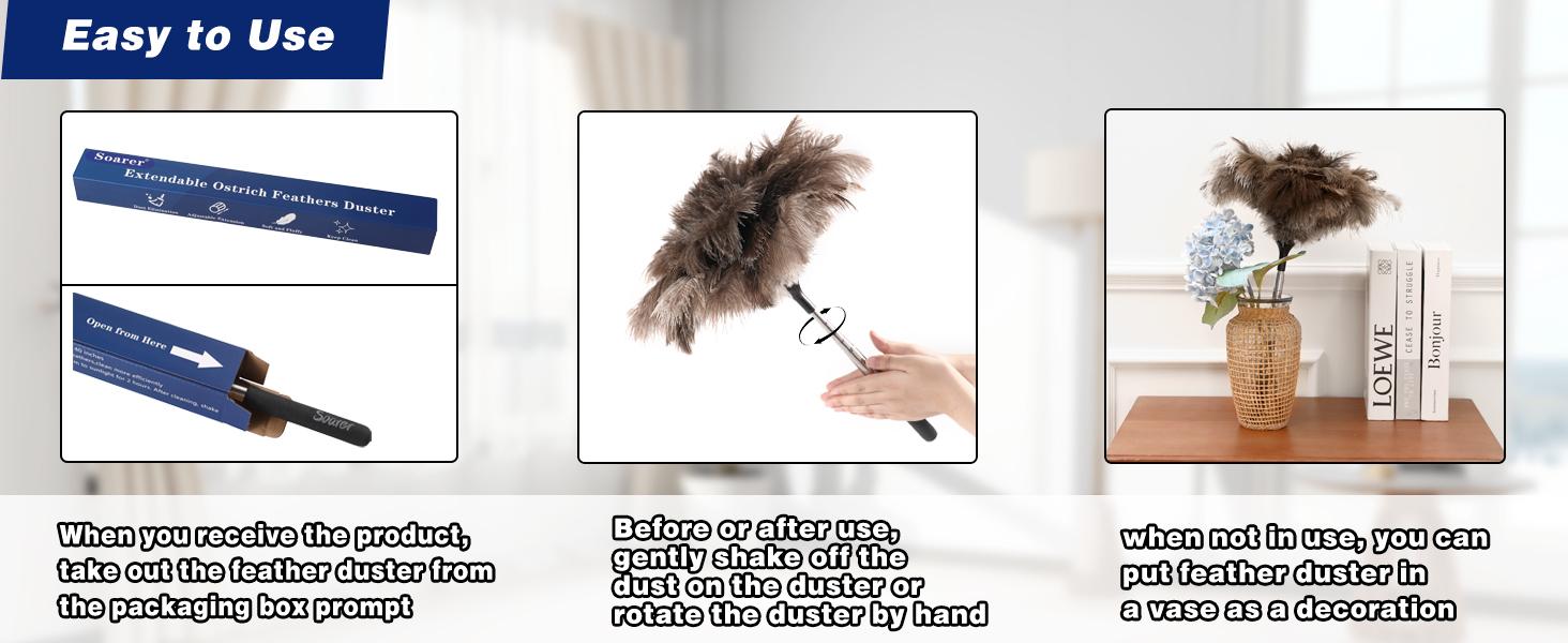 Extendable Ostrich Feather Duster-40 inches Fluffy Long Handle Reusable Feather Duster For Cleaning Ceiling Fan,Pendant lamp, High Ceiling, Blinds, Furniture
