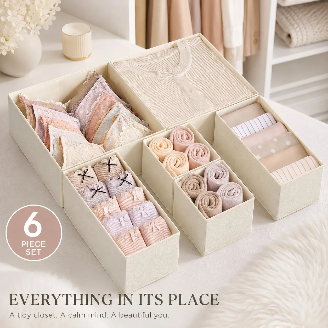 6-Piece Drawer Organizer Set, Foldable Collapsible Fabric Dresser Drawer Organizers Storage Bins for Bras, Panties, Clothes and Accessories, Space-Saving Dividers That Keep Drawers Neat, Easy to Find and Clutter-Free for Bedroom, Nursery and Wardrobe