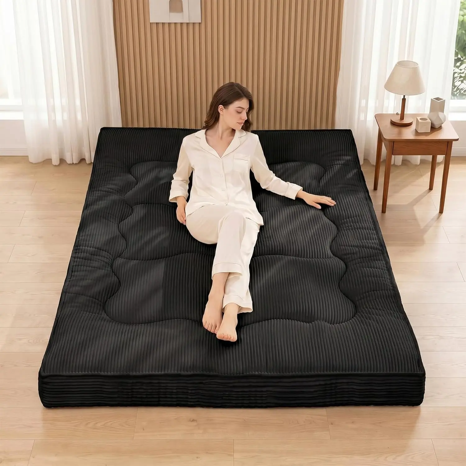 Extra Thick Futon Mattress -  Floor Mattress for Adults, Portable Foldable Sleeping Pad for Guest, Camping, Dorm,Futon Mattress  Size with Storage Straps, Black