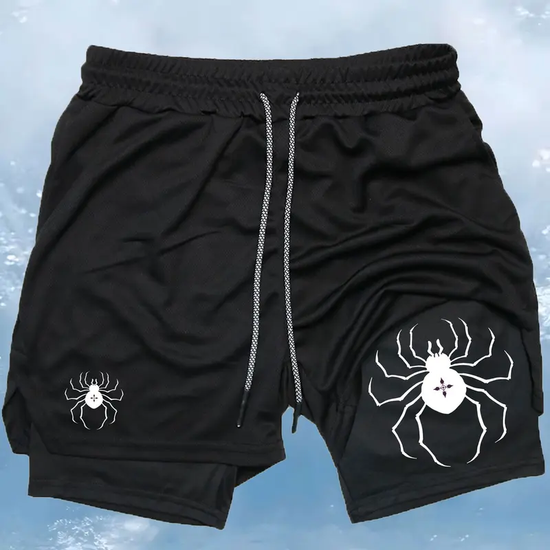 Men's Spider Print 2 in 1 Drawstring Waist Sporty Shorts, Casual Sporty Quick Drying Breathable Bottoms, Men Sports Clothes for Gym Workout Running, Graphic Print Shorts, Stretchy Breathable Shorts, Summer Sport Shorts