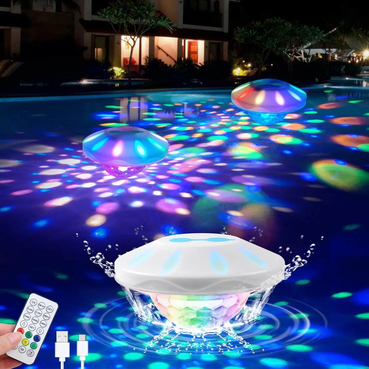 Rechargeable Floating Pool Lights 2 Pack - RGB Color Changing Upper and Lower Floating Lights with Remote Control, IP68 Waterproof Bathtub Lights for Pool, Pond, Garden Party