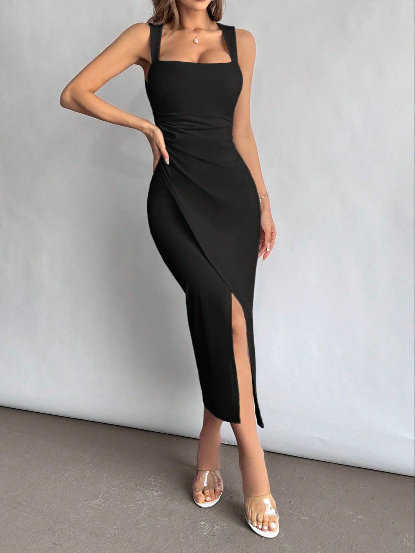 Women's Plain Ruched Wrap Split Thigh Bodycon Dress, Formal Elegant Dress, Elegant Square Neck Sleeveless Long Dress for Party Holiday Wedding Guest, Ladies Clothes for All Seasons