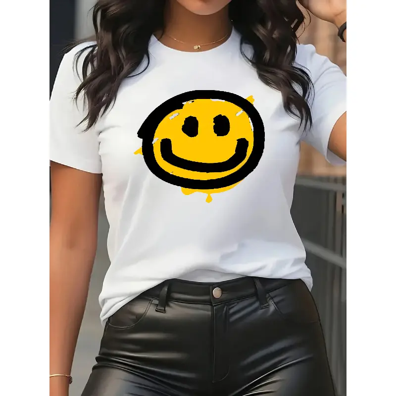 Womens Short Sleeve Round Neck Smiley Face Printed T Shirt 95 Cotton 5 Spandex Sporty Casual Soft Breathable Fun Youthful Fashion Street Style Unique Individual Top