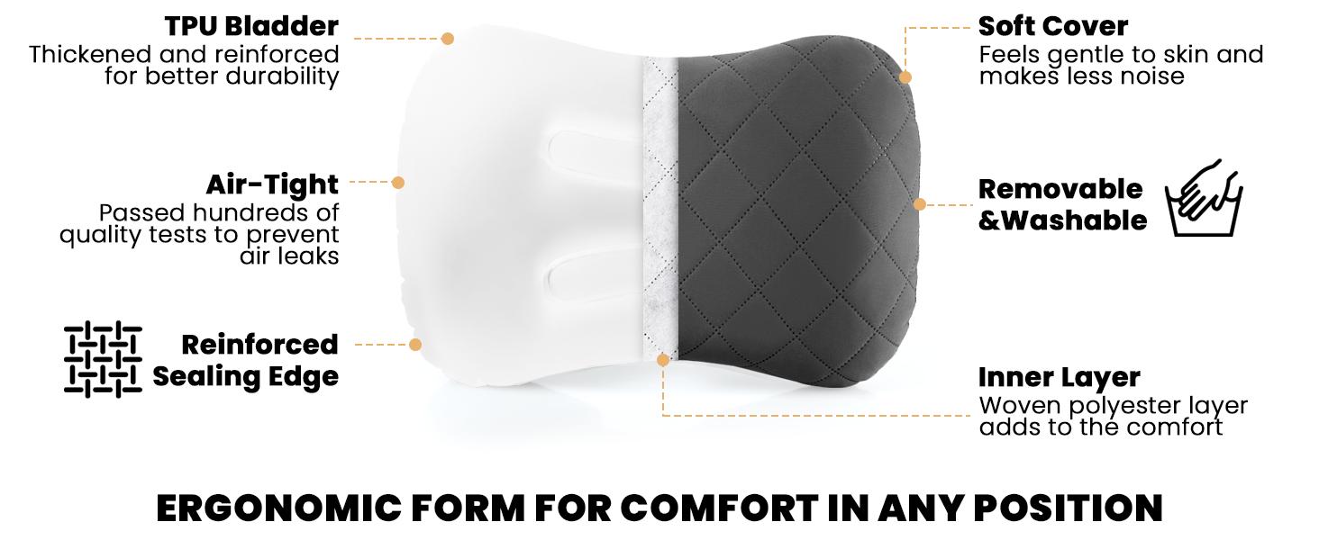 Hikenture Inflatable Camping&Travel Pillow with Washable Cover - Ultralight Backpacking Pillow for Neck & Lumbar Support, mellow pillow,Camping Essentials ,Compact Blow Up Pillow for Hiking, Backpacking,Hiking Gear,Travel & Outdoor Sleep Essentials