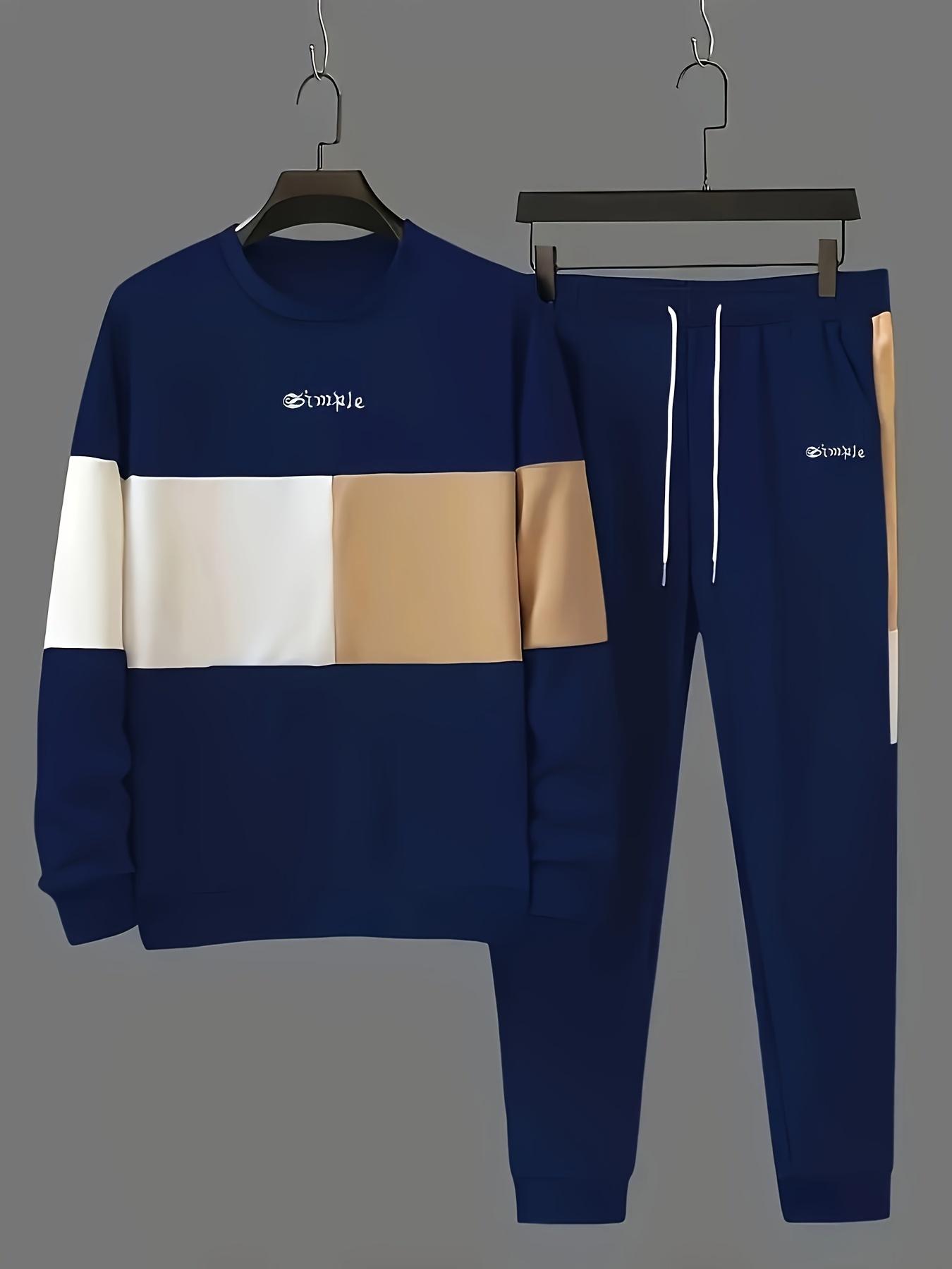 Men's color blocked 2-piece set, casual round neck long sleeved sweatshirt and sweatpants jogging pants set for winter and autumn, men's clothing
