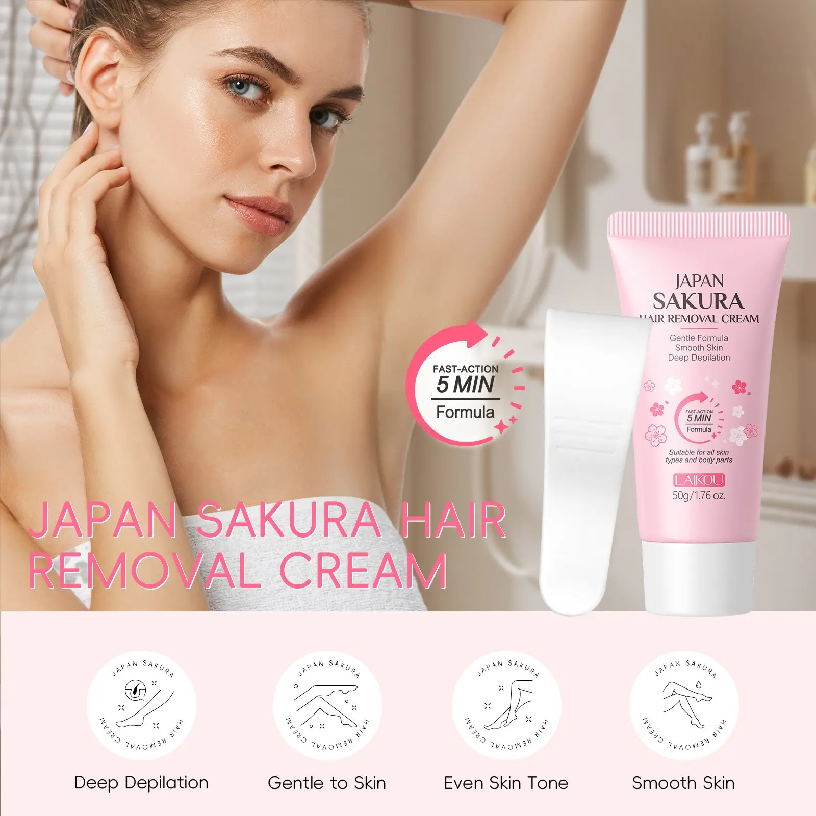 Cherry Blossom Fast-Acting Hair Removal Cream 50g, Gentle and Non-Irritating, Includes Scraper, Suitable for Full Body, Moisturizing Formula，Easy-to-spread cream works effectively on arms, legs, and underarms. No painful waxing, just smooth, even-toned.