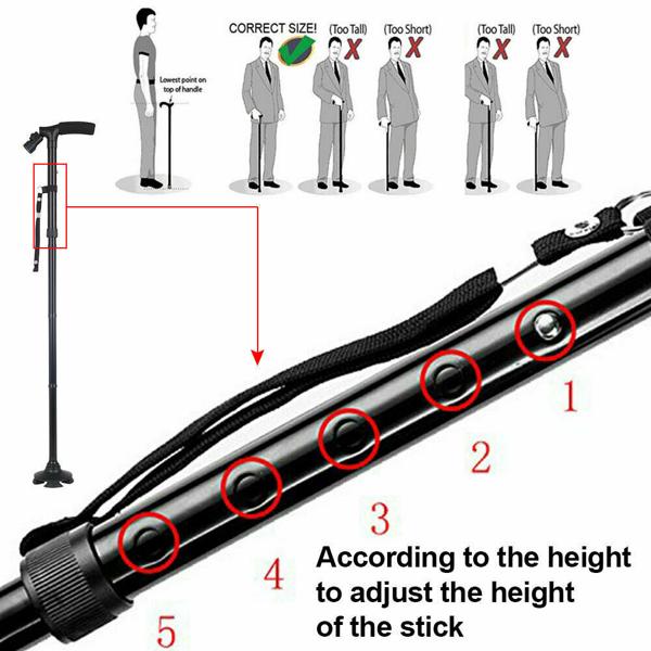 5-Level Adjustable Height Foldable Walking Stick - 360° Anti-Slip Pivoting Base, 6 Built-in LED Lights (180° Rotation), Ergonomic Foam Handle, Lightweight Aluminum Alloy, 250LBS Capacity, Portable for Camping, Black Healthcare Tool Cane Equipment 5-Level Adjustable Height Foldable Walking Stick - 360° Anti-Slip Pivoting Base, 6 Built-in LED Lights (180° Rotation), Ergonomic Foam Handle, Lightweight Aluminum Alloy, 250LBS Capacity, Portable for Camping, Black Healthcare Tool Cane Equipment