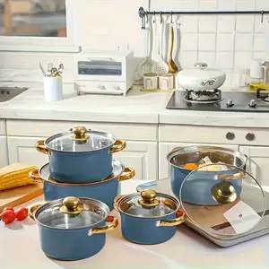 5 piece stainless steel cookware set includes 5 pots and 5 lids, gold handle. Suitable for electric stove and outdoor camping, and safe to use dishwasher - ideal for healthy cooking
