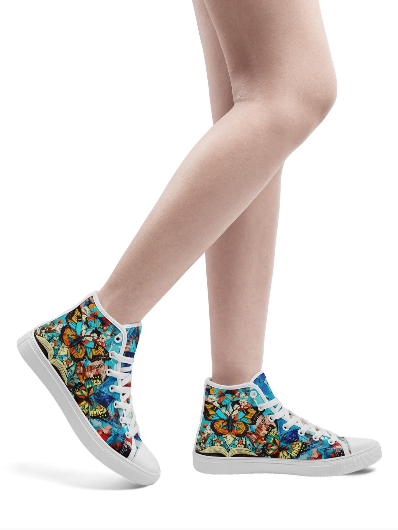 Women's Fashionable Butterfly Print Lace Up Front Canvas Sneakers, Casual Comfortable Soft Bottom Skateboard Shoes, All-match Round Toe Sports Shoes for Daily Wear