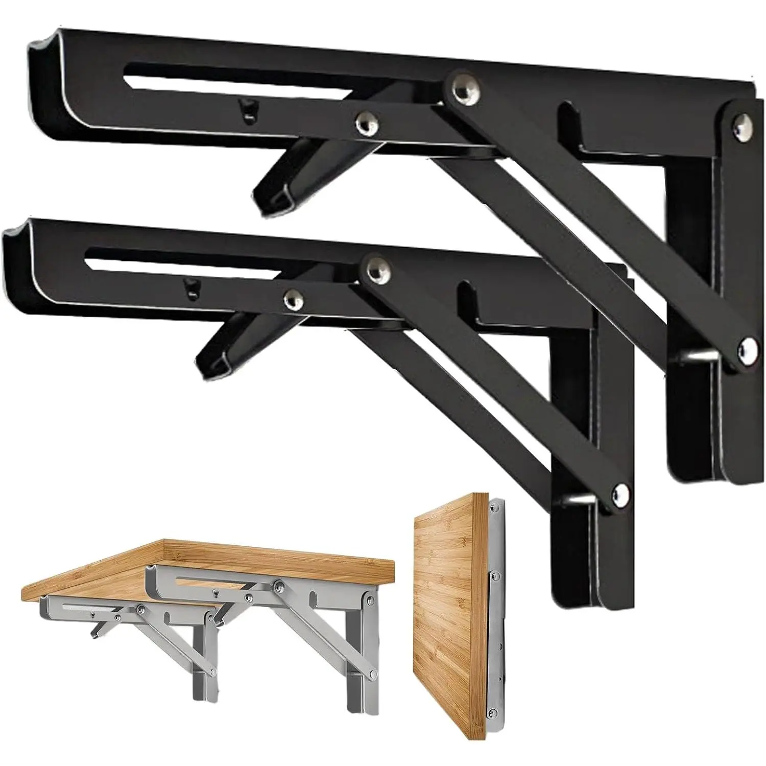 Folding Shelf Brackets, Heavy Duty Collapsible L Bracket, Black DIY, Pack of 2 (12 Inches)
