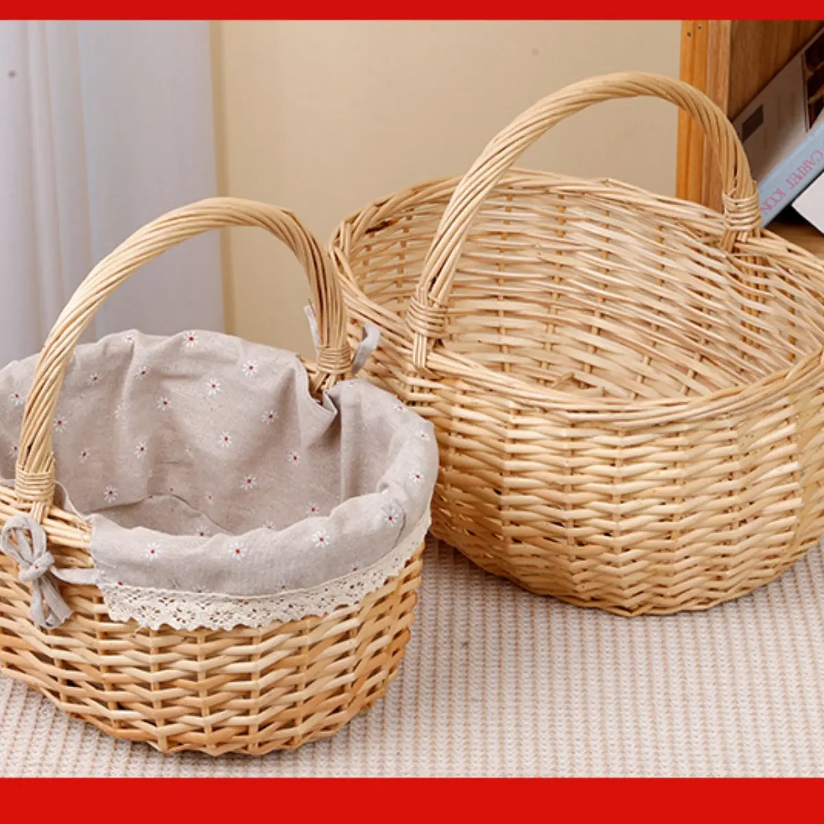 Portable Handwoven Picnic Basket with Removable Lining - Natural Wood And Woven Willow Boho Camping Basket, European Bohemian Style Beach Outdoor Gift, for Picnics, Backyard Gatherings, Beach Additions Non-Food Direct Contact