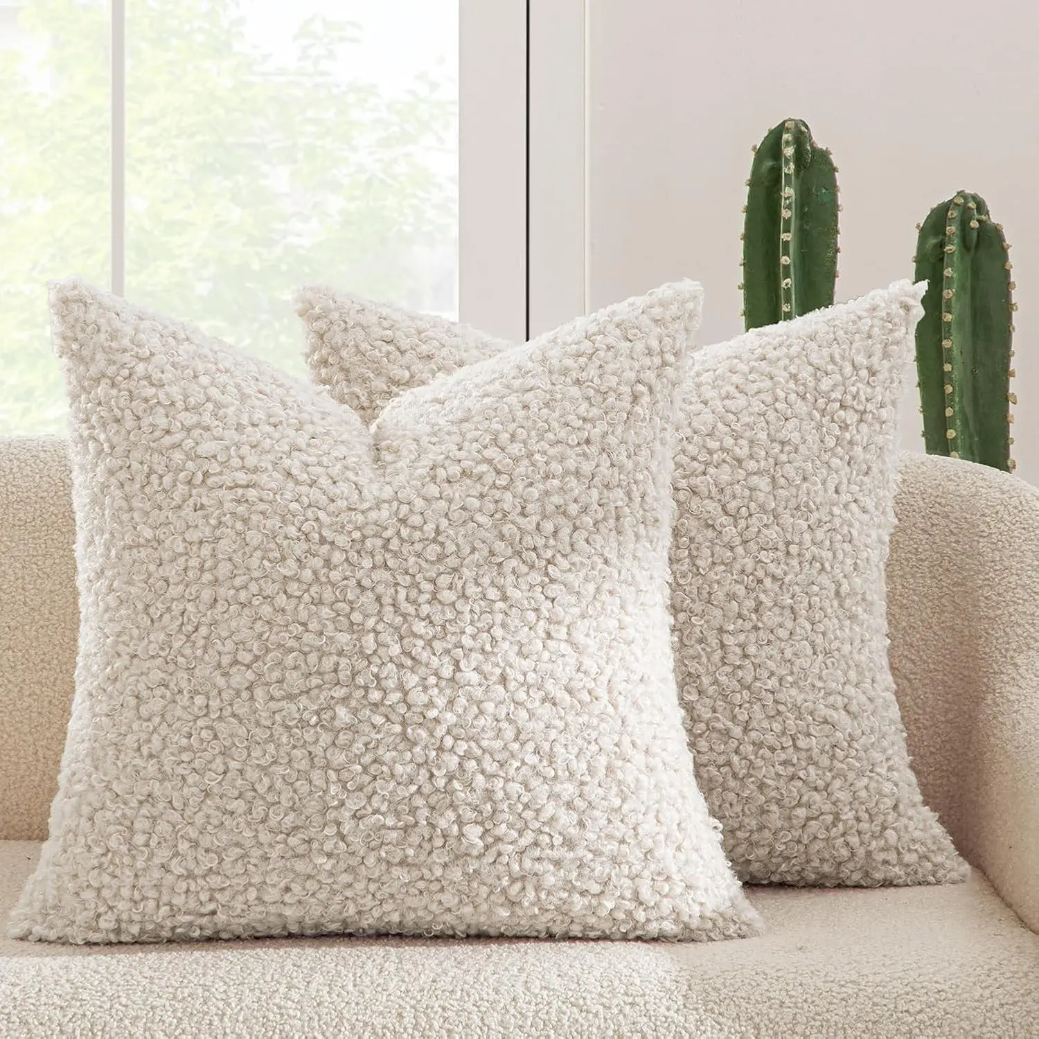 Faux Fur Decorative Sherpa Throw Pillow Covers 20x20 Inch Pack of 2 | Neutral Light Beige Pillow Covers Fuzzy Accent Soft Sheepskin Fleece for Boho Home Decor Sofa Living Room Couch Bed