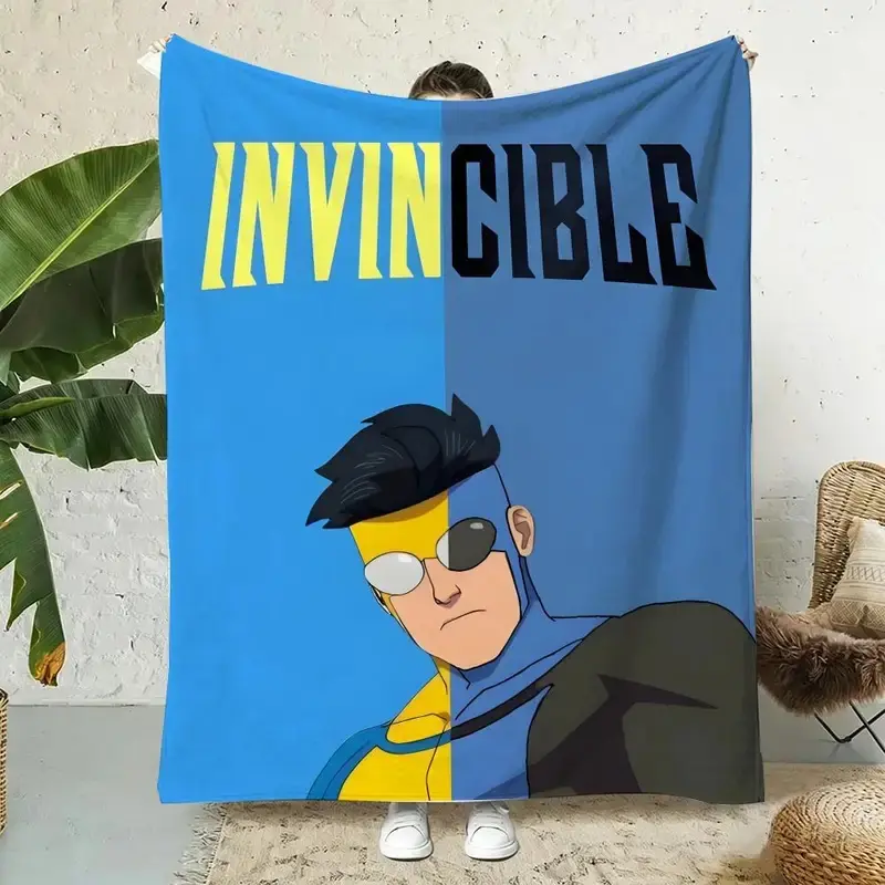 Invincible Mark Grayson Omni-Man Split Face Flannel Throw Blanket Blue Background Superhero Anime Print Soft Cozy Fleece Blanket All Season Sofa Bed Nap Blanket Gift for Animation Fans Teens