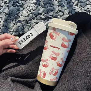 Plaid Cherry Coffee Cup, 530ML Insulated Tumbler with Straw and Lid, Leak-Proof, Portable, Ideal for Home Office Gym Outdoor