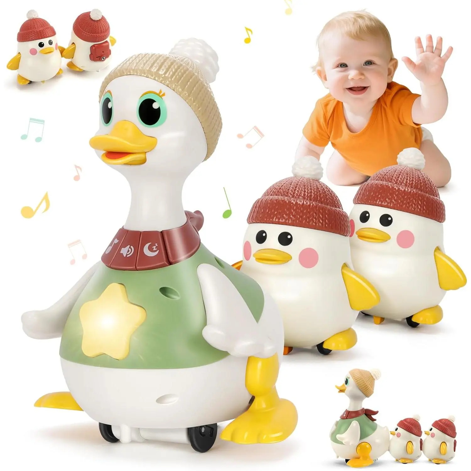 Baby Toys 6 8 10 12 Months, Tummy Time Duck Toy, Musical Dancing Duck Set with Lights & Sounds, Crawling and Interaction Toys for 1 Year Old Girl Boy Baby Stocking Stuffers