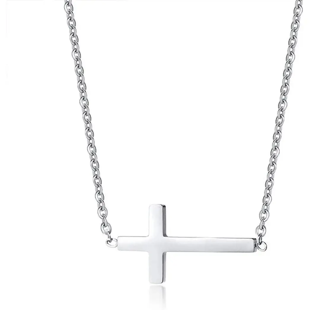 18K Gold Plated Stainless Steel Sideways Cross Pendant Necklace Dainty Horizontal Tiny Cross Necklace for Women