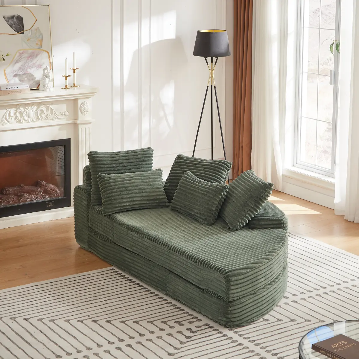 78.5-Inch Corduroy Semi-Circular 2-in-1 Sofa Bed, Designer Recliner with Neck Pillow and Five Throw Pillows in Living Room
