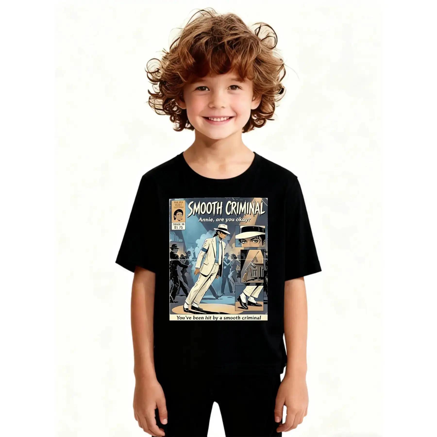 Kids Michael Jackson Smooth Criminal Comic Graphic T-Shirt, King of Pop Annie Are You Okay Youth Cotton Short Sleeve Tee, Boys Girls Casual Everyday Aesthetic Shirt, Retro Music Fan Children Gift Tee