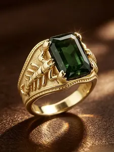 18K Gold Tone Plated Stainless Steel Men Scorpion Signet Ring, Rectangular Emerald Green Cubic Zirconia Inlay, 3D Double Scorpion Claw Embossed Wide Band, Hypoallergenic Tarnish Resistant Gothic Scorpio Zodiac Statement Jewelry Gift For Guys