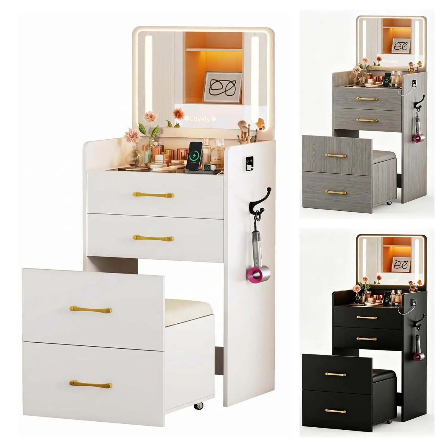 Mini Makeup Vanity Desk with LED Lighted Mirror & USB Charging Station, Hidden Rolling Stool, White Vanity Table with Drawers for Bedroom, Small Space