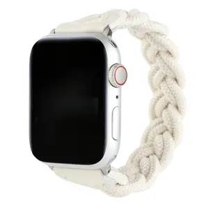 Handmade Thick Twist Braided Elastic Watch Strap, Soft Cotton Rope & Leather Splice Stretch Replacement Band for Apple Watch