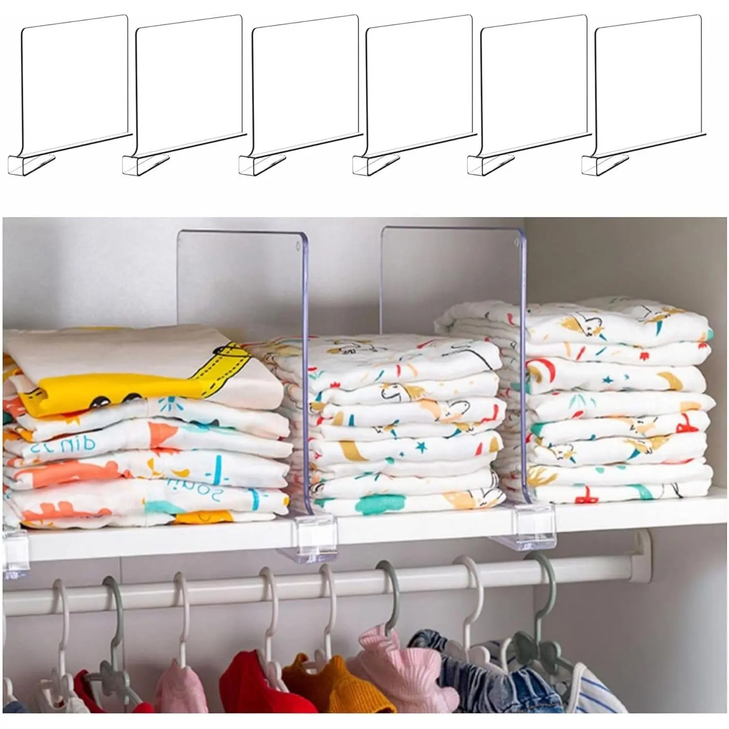 6 Pack Clear Acrylic Shelf Dividers 9.2" Tall for Closet Organization - Fits Wood Shelves, Cupboard, Vertical Separators for T-Shirts, Purses, Handbags, SweatersGift