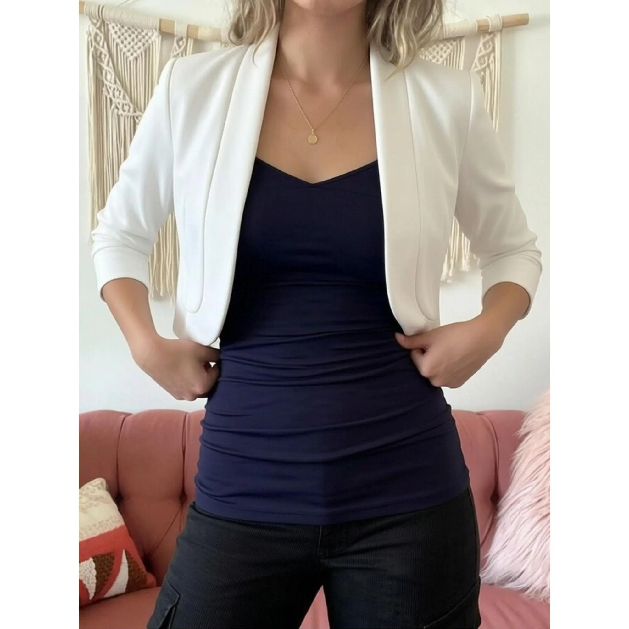 Elegant Women Coat Crop Tops y2k Clothes Solid Color 3/4 Sleeve Short Cardigan Jacket Streetwear