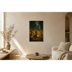 Enchanted Forest Dance Vertical Canvas Wall Art,  Bohemian Moonlight Poster, Mystical Night Forest Decor, Spiritual Home Art, Available as Unframed Canvas Poster or Framed Canvas Wrap