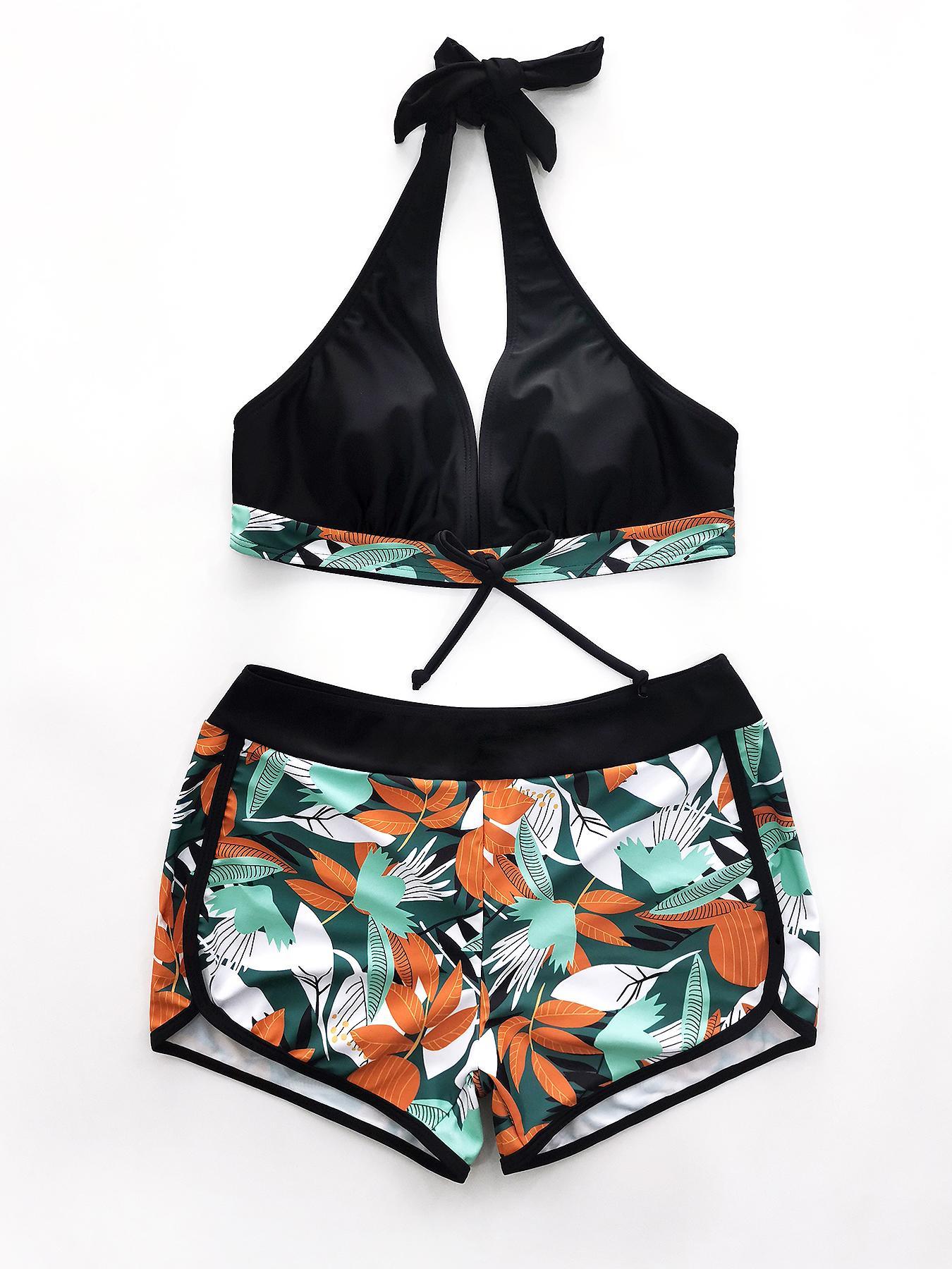 Women's Tropical Print Halter Knot Front Wireless Swim Bra & High Waist Shorts Bikini Set, Summer Outfits, Tummy Control Swimwear, Tie Back  Leaf Print Bikini Sets, Activewear, High Waisted Bikini Sets, Swimsuit Style, Beach Bikini Set,