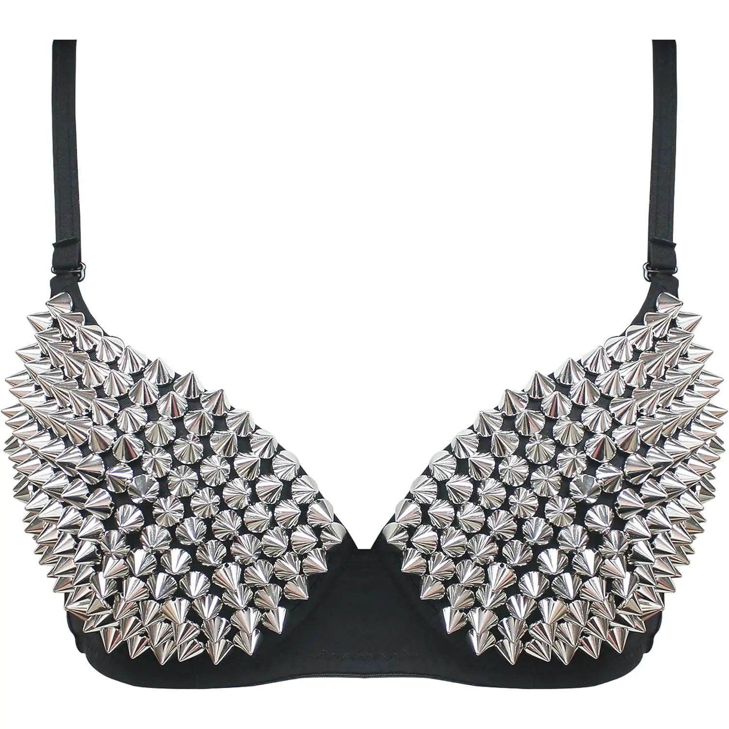 (Size: M, Cup Only), Studded Bra, Spike Bra, Spiky Steampunk Metallic Studded Rivets Top, Black Bedazzled Rhinestone Strappy Sexy Bras for Women, Dancing Performance, Sport Party, Club, Rave