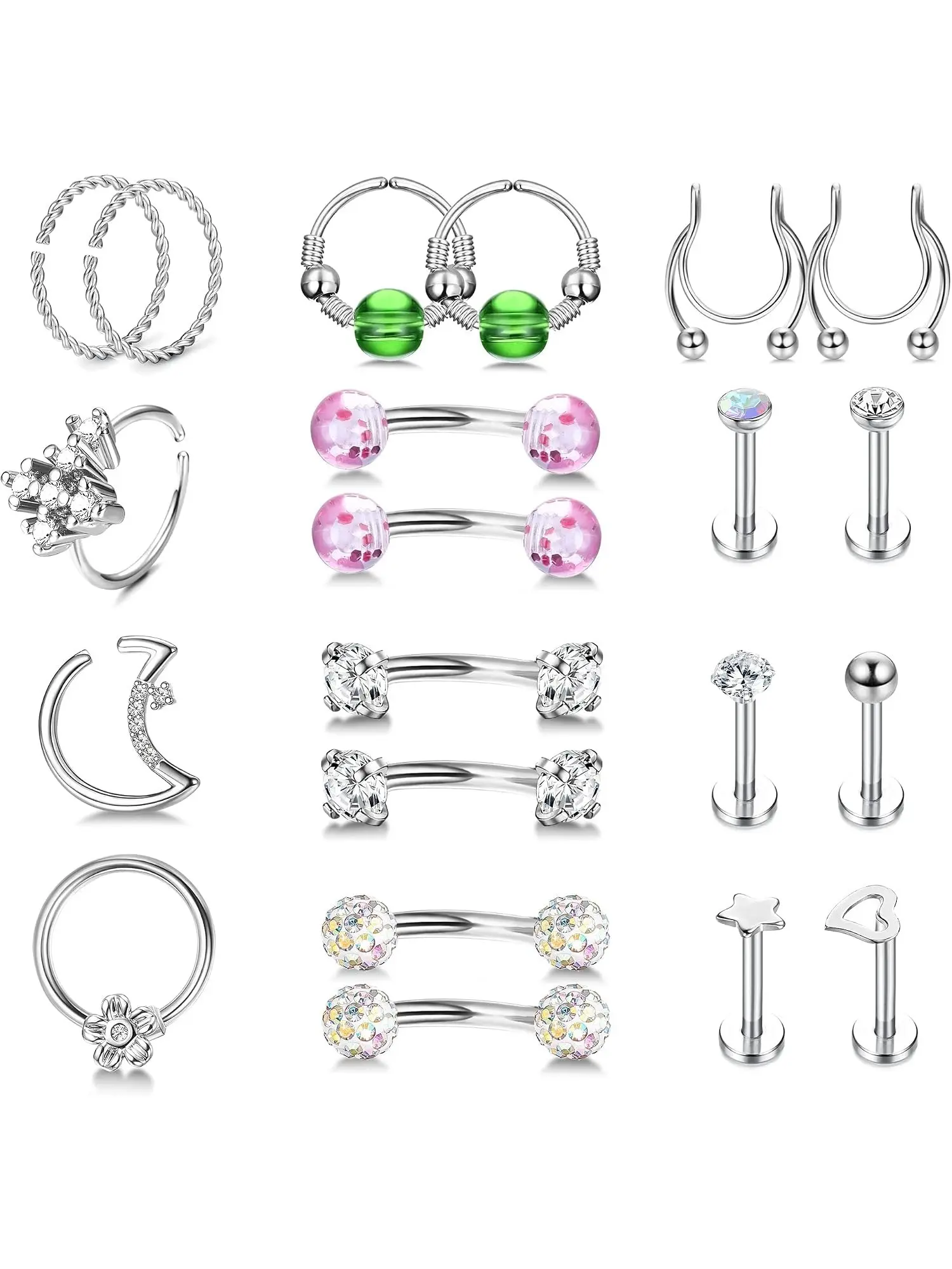 21 Pcs Multi-Style Flower Moon Star Heart Stainless Steel Piercing Jewelry Set Cubic Zirconia Opal Acrylic Nose Septum Lip Helix Daith Cartilage Piercings for Women Men Twisted Wire Hoops Green Acrylic Bead Horseshoes Flexible Layered Stacking Jewelry Set