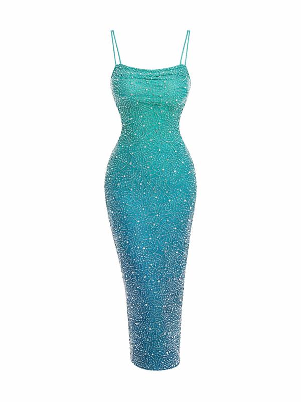 Romantic Tulle Sexy Slim Fit Bodycon Women Spaghetti Strap Turquoise Blue Madi Dresses Sequin Beaded Evening Prom Dress For Christmas, New Year. Thanksgiving, Party, Wedding,Spring Collection Formal Bodycon Dress