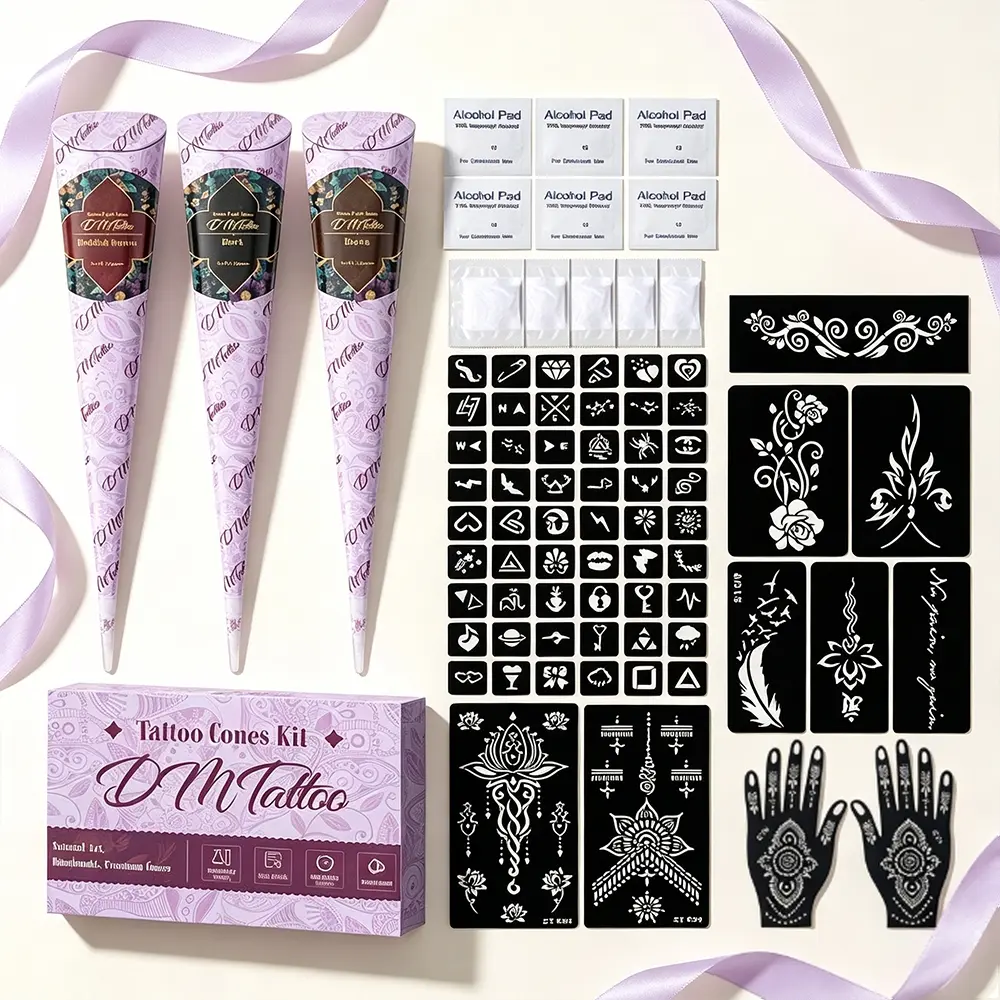 Multi Cone Large Capacity Henna Tattoo Complete Tool Kit, 3 Color Plant Henna Paste Black Brown Reddish Brown + Sizes Hollow Stencils + Cleansing Alcohol Pads, Waterproof Long Last Temporary Body Decor For Festival Beach Picnic Home DIY