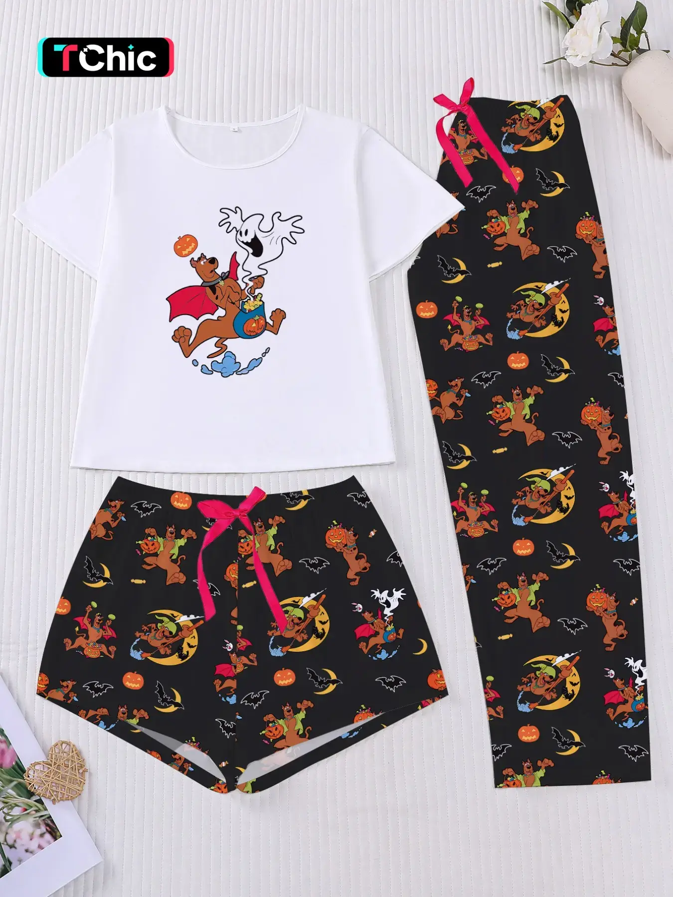 Halloween Cartoon Animal Print Women's Pajama Set, Short Sleeve Round Neck Top, Elastic Shorts and Pants, Elegant Daily Wear, Festival Sleepwear, Loungewear