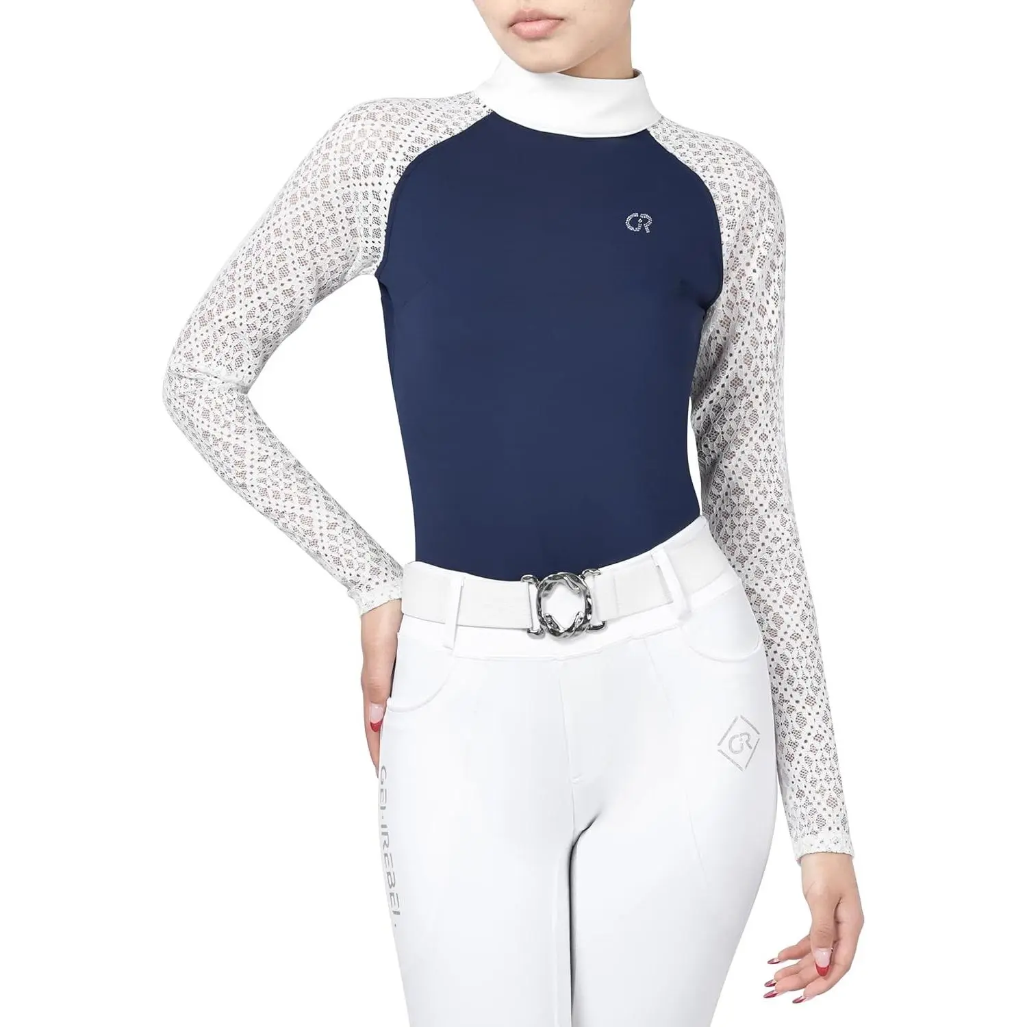 Women's Long Sleeve Lace Detail Equestrian Show Shirt, Breathable Horse Riding Blouse
