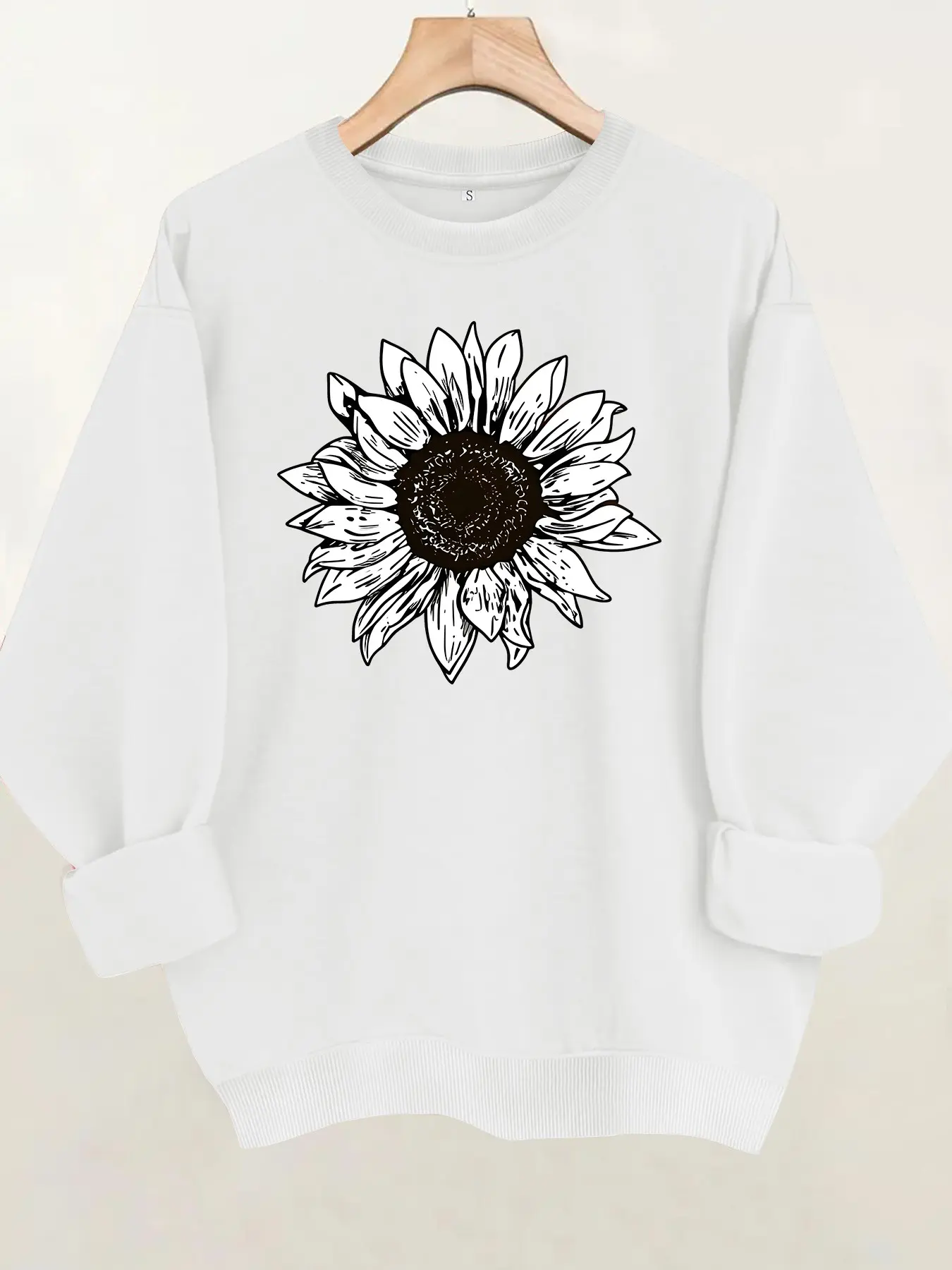 Women's Sunflower Floral Print Round Neck Fleece Sweatshirt, Casual Long Sleeve Loose-Fit Top, Fall & Winter Comfort