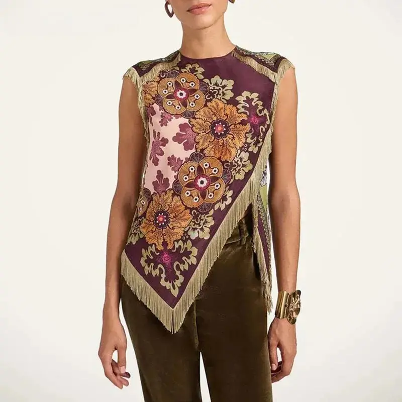 Ethnic Vintage Floral Print Woman Clothes Elegant O Neck Tassel Cross Split Irregular Top Summer Sleeveless Zipper Blouse Shirts