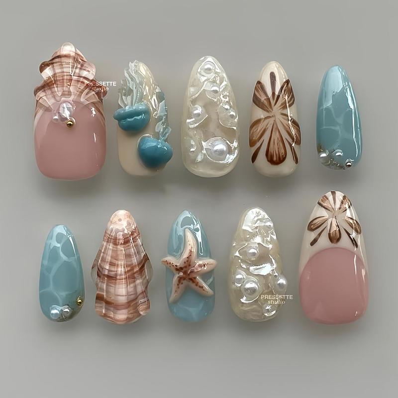 10 Pcs Medium Almond Press-On Nail Set, Includes 3D Ocean Shell, Starfish, Pearl Decorations, Hand-Painted Floral Details, Easy DIY Beach Vacation & Daily Charm Nails