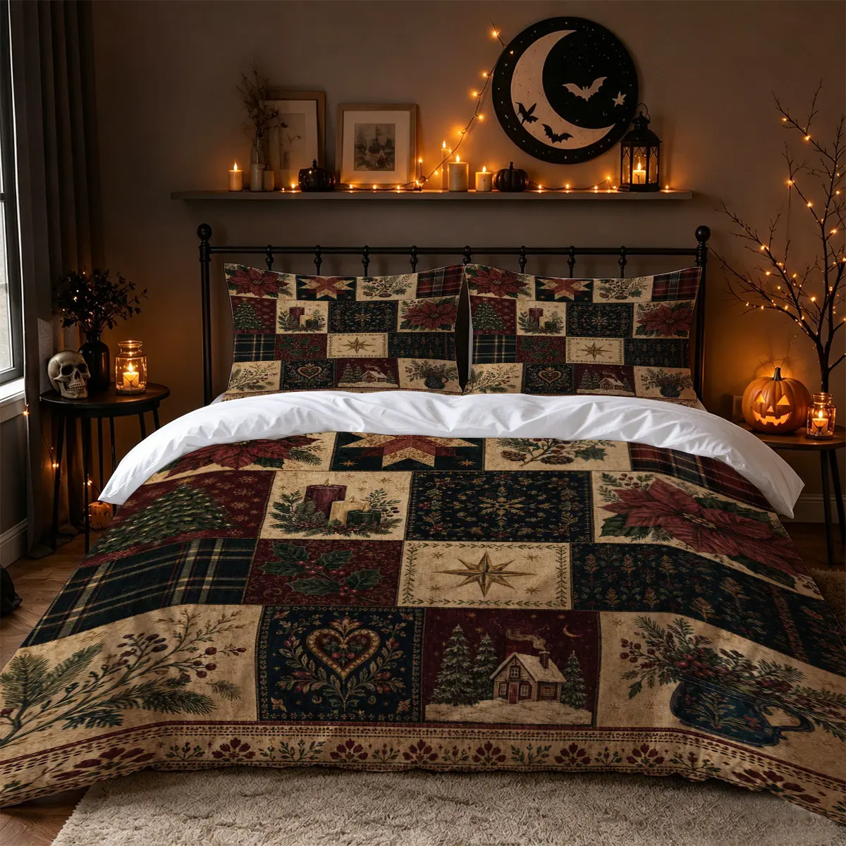 3-Piece Christmas Duvet Cover Set, Vintage Christmas Tree Poinsettia Snowy Cabin Patchwork Print, Farmhouse Bedding, Includes 1 Duvet Cover and 2 Pillowcases, Soft Washable Bed Set for Bedroom and Holiday Decor, Comforter Not Included