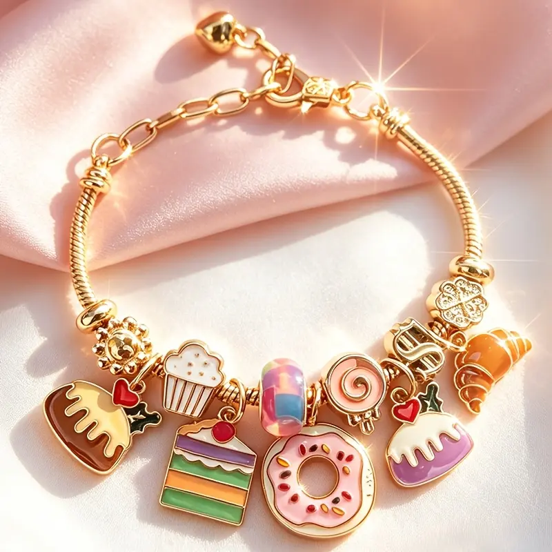 Dessert-themed beaded bracelet with donut and cake pendants, a versatile accessory in a girly, light-luxury food style, a gift for family and best friends